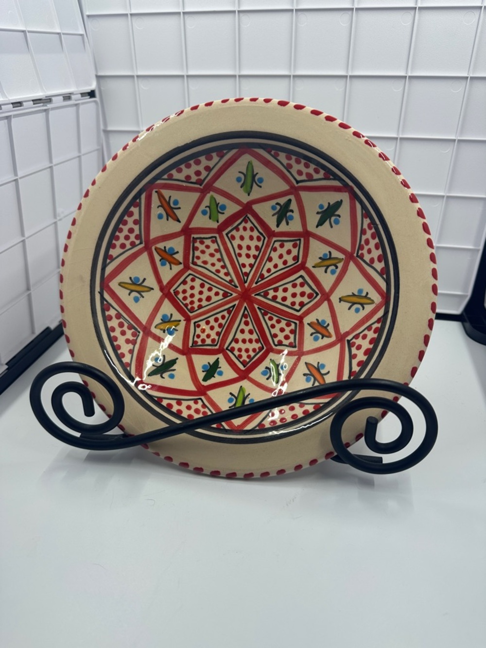 Tunisian Hand-Painted Ceramic Decorative Plate with Stand, Geometric Star